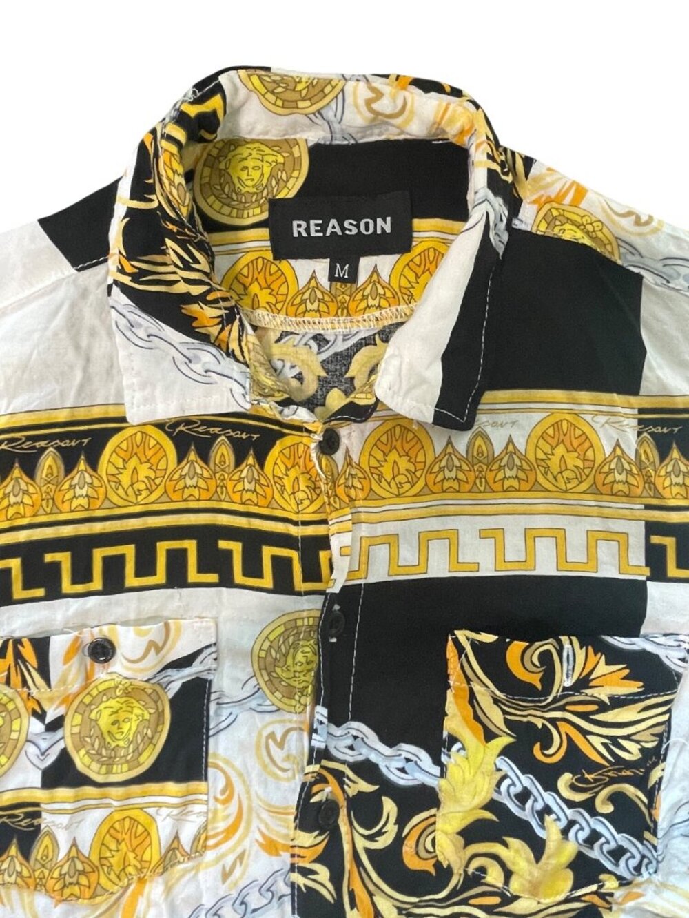 Reason Mens Patterned Button-Up Shirt With Gold & Black Medallion Design Size M - Picture 3 of 11